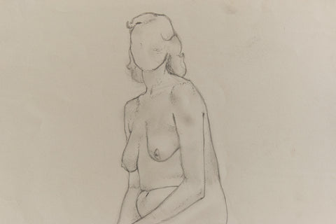 Vintage Small Original Seated Nude Female Pencil Drawing by Artist Robert Arthur Bramwell