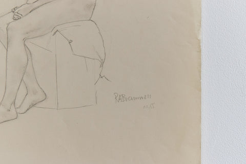 Vintage Small Original Seated Nude Female Pencil Drawing by Artist Robert Arthur Bramwell
