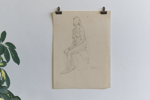 Vintage Small Original Seated Nude Female Pencil Drawing by Artist Robert Arthur Bramwell