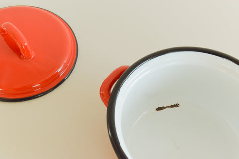 Vintage Small Red Polka Dot Enamel Stewing Pot / Pan with Lid