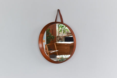 Vintage Small Round Teak Wall Mirror with Leather Hanging Strap