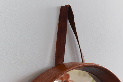 Vintage Small Round Teak Wall Mirror with Leather Hanging Strap