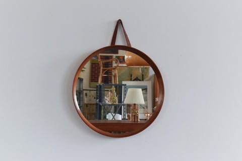 Vintage Small Round Teak Wall Mirror with Leather Hanging Strap