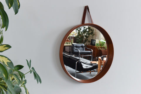 Vintage Small Round Teak Wall Mirror with Leather Hanging Strap