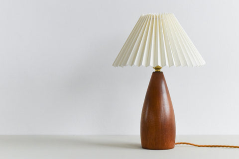 Vintage Small Teak Turned Table Lamp with New Cream Pleated Lampshade