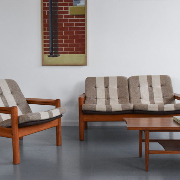 Vintage Teak Framed Two Seater Sofa and Arm Chair Set by Domino