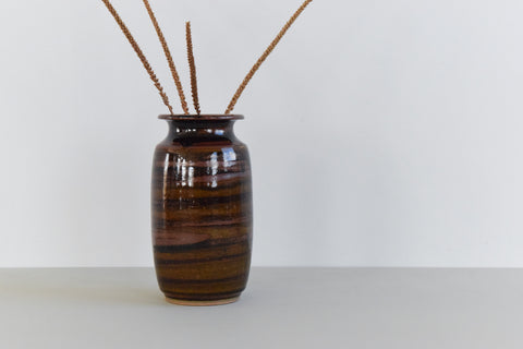 Vintage Studio Pottery Brown and Khaki Green Stripe Vase