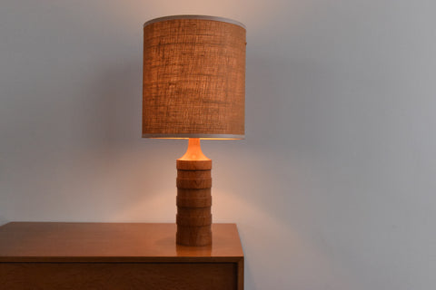 Vintage Teak Ribbed Table Lamp Base and Hessian Shade