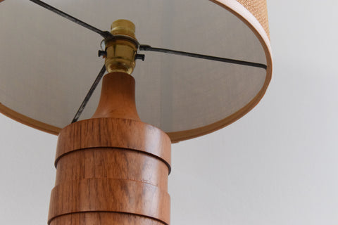 Vintage Teak Ribbed Table Lamp Base and Hessian Shade