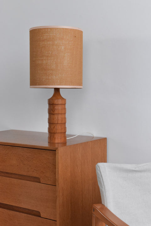 Vintage Teak Ribbed Table Lamp Base and Hessian Shade