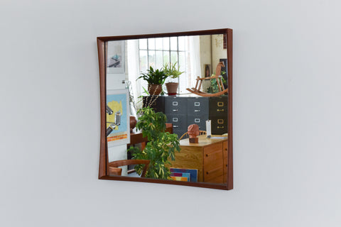Vintage Square Danish Teak Mirror with Curved Concave Frame