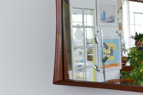 Vintage Square Danish Teak Mirror with Curved Concave Frame
