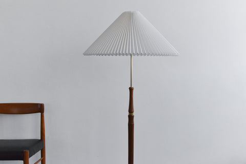 Vintage Teak Standing Lamp with New Pleated White Shade