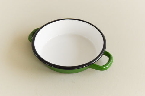 Vintage Twin Handle Small Shallow Green Enamel Frying Pan