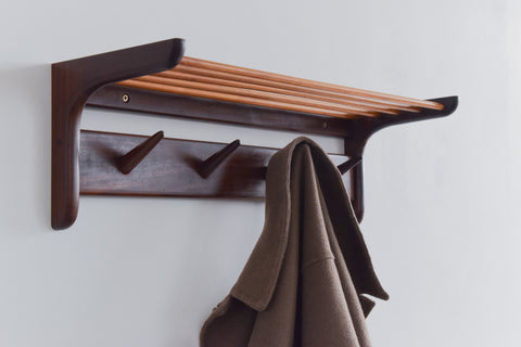 Vintage Afrormosia Wall Mounted Coat Rack with Parcel Shelf by John Herbert for A. Younger Ltd