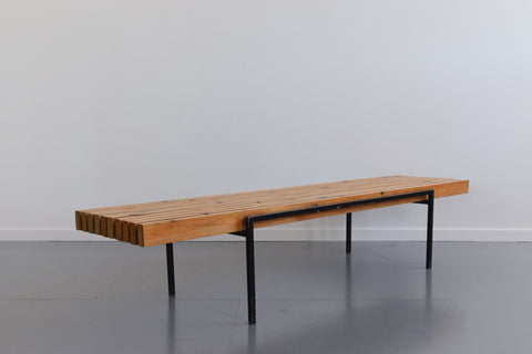 Vintage Swedish Pine and Metal Slatted Bench