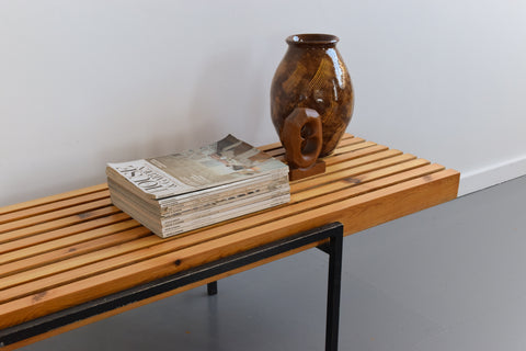 Vintage Swedish Pine and Metal Slatted Bench