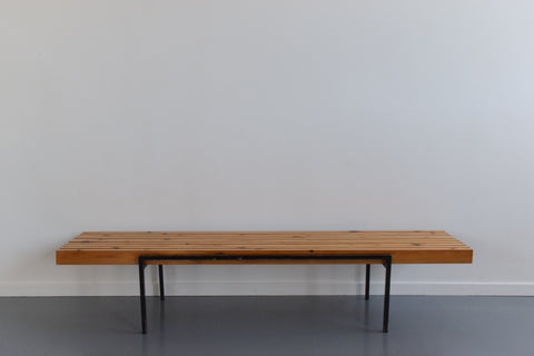Vintage Swedish Pine and Metal Slatted Bench