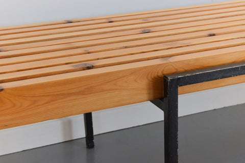 Vintage Swedish Pine and Metal Slatted Bench