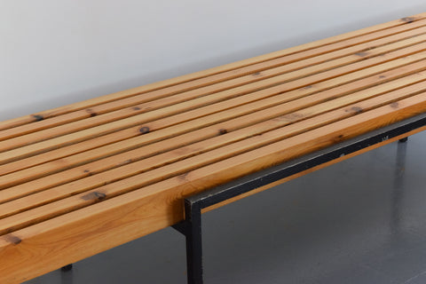 Vintage Swedish Pine and Metal Slatted Bench