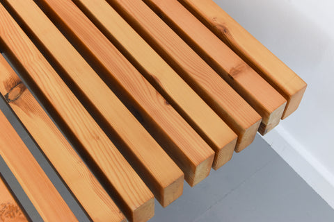 Vintage Swedish Pine and Metal Slatted Bench