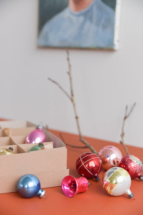 Vintage Glass Christmas Tree Baubles / Ornaments Set of 12 Boxed Assorted