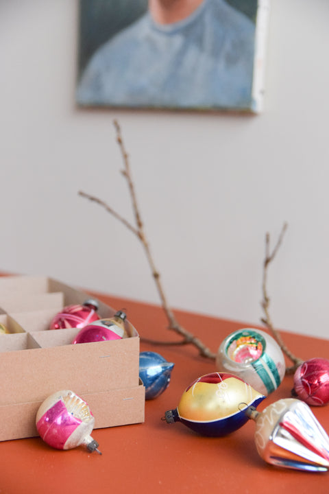 Vintage Glass Christmas Tree Baubles / Ornaments Set of 12 Boxed Assorted