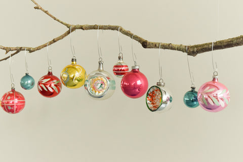 Vintage Glass Christmas Tree Baubles / Ornaments Set of 12 Boxed Assorted