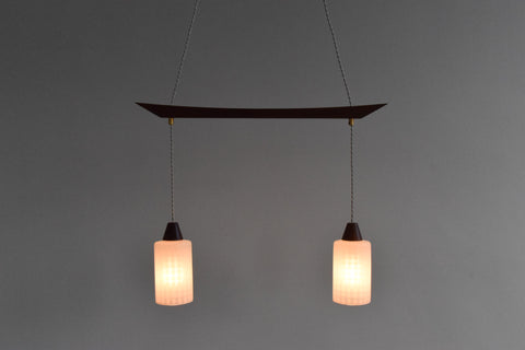 Vintage 1960s Teak and Frosted Glass Double Pendant Chandelier