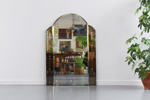 Vintage Art Deco Style Frameless Overmantle Mirror with Cut Glass and Smoked Glass Panels