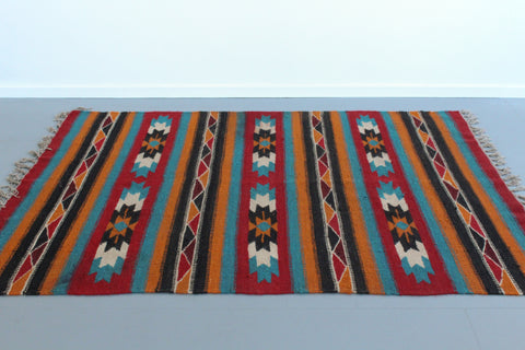 Vintage Blue Orange Red and Black Patterned Aztec Flat Weave Wool Rug