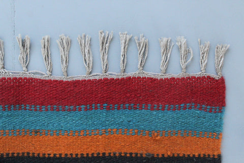 Vintage Blue Orange Red and Black Patterned Aztec Flat Weave Wool Rug