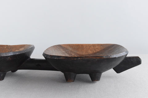 Vintage Folk Art Hand Carved Wooden Double Bowl