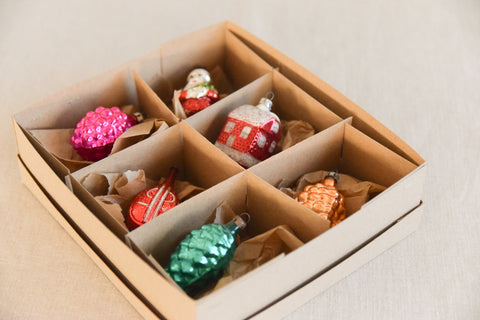 Vintage Glass Christmas Tree Baubles / Ornaments Set of 6 Novelty Boxed Assorted