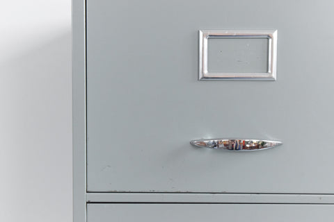 Vintage Grey/Blue Four Drawer Metal Filing Cabinet Manufactured by Harvey Milner