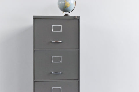 Vintage Grey Three Drawer Metal Filing Cabinet Manufactured by Triumph