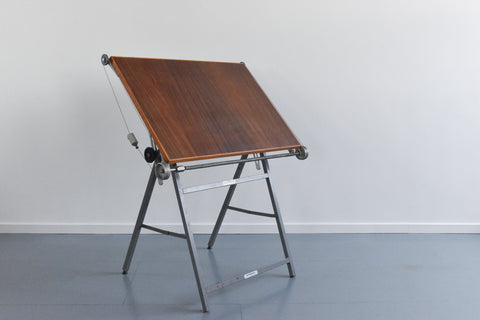 Vintage Industrial Wooden and Metal Framed Architect's Drafting Board by Admel