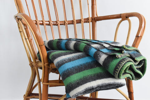 Vintage Large Blue, Green, Grey and White Striped Blanket