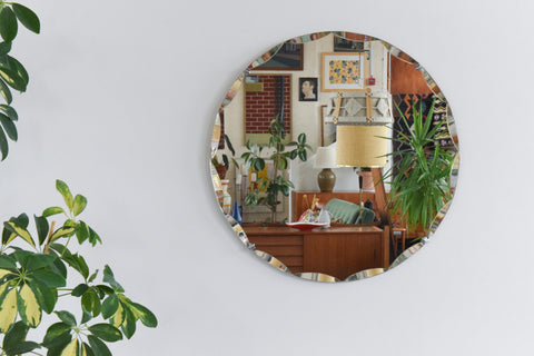 Vintage Large Round Frameless Bevelled Wall Mirror