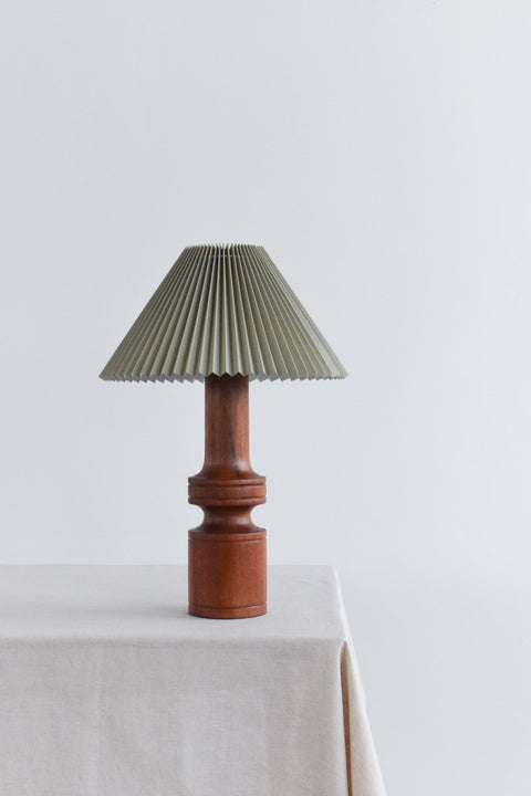 Vintage Large Teak Table Lamp with New Sage Green Pleated Lampshade