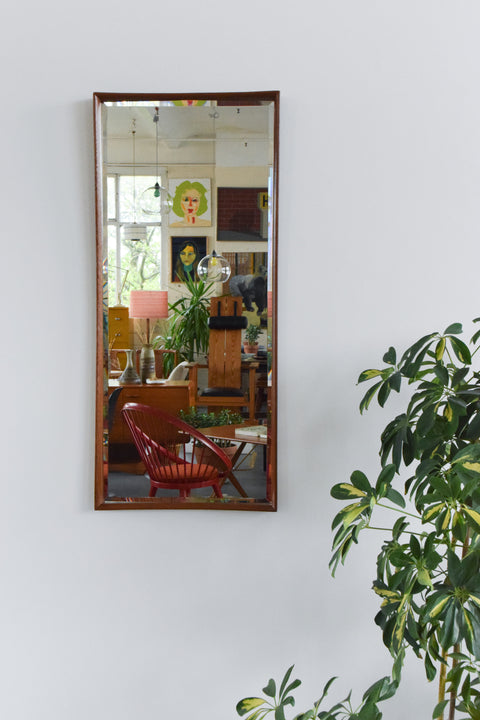 Vintage Long Danish Teak Mirror with Curved Concave Frame