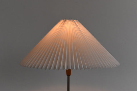 Vintage Mid Century Modern Wooden Standing Tripod Lamp and Pleated White Shade