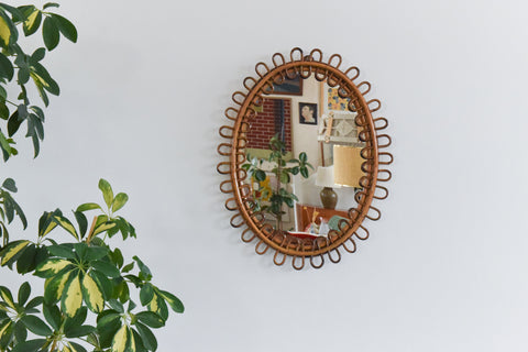 Vintage Oval Bamboo Franco Albini Style Mirror