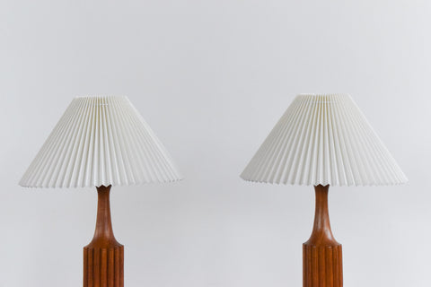 Vintage Pair of Scolloped Teak Table Lamps with New White Pleated Lampshades