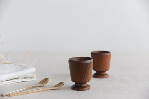 Vintage Pair of Rustic Hand Turned Wooden Egg Cups