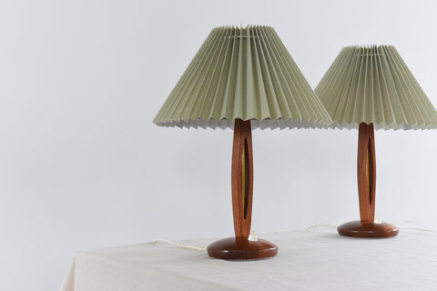 Vintage Pair of Teak and Brass Table Lamps with New Sage Green Pleated Lampshades