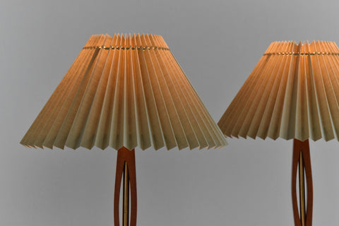 Vintage Pair of Teak and Brass Table Lamps with New Sage Green Pleated Lampshades