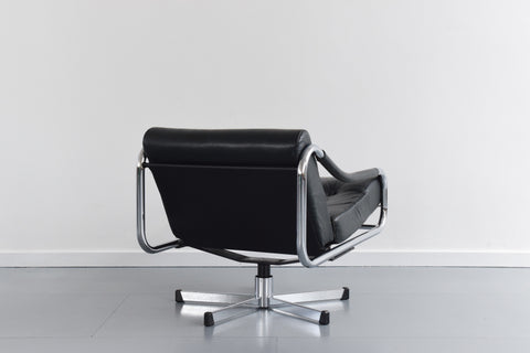 Vintage Pieff Beta - Kadia Black Leather and Chrome Tubular Swivel Arm Chair