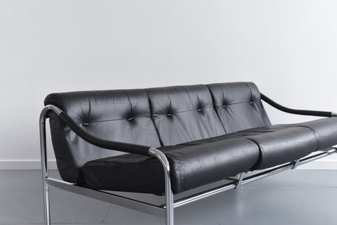 Vintage Rare Pieff Kadia Black Leather and Chrome Three Seater Sofa by Tim Bates
