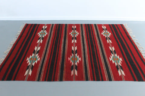 Vintage Red and Black Patterned Aztec Flat Weave Wool Rug